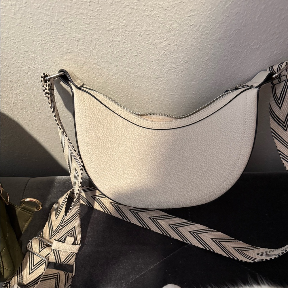 White Crescent Crossbody Bag with Textured Finish